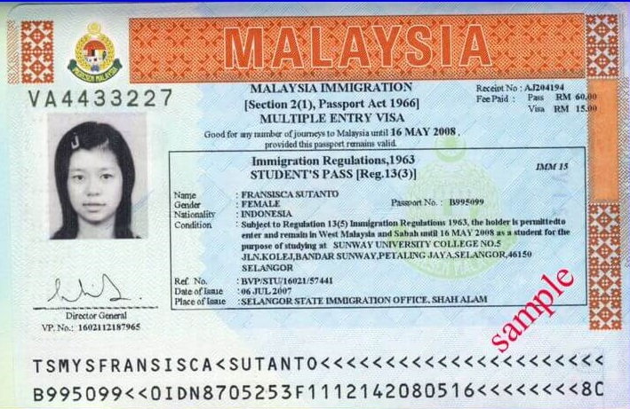 Sample of student visa to study in Malaysia.