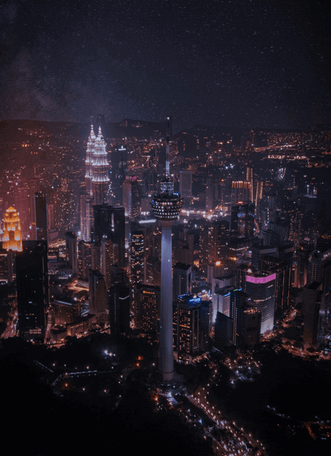 Aerial night view of KLCC and KL Tower